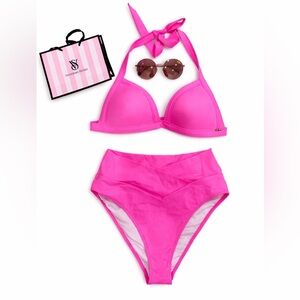 VS PINK Hot Pink Bikini Set | Halter Top M & High-Waist Bottom S
